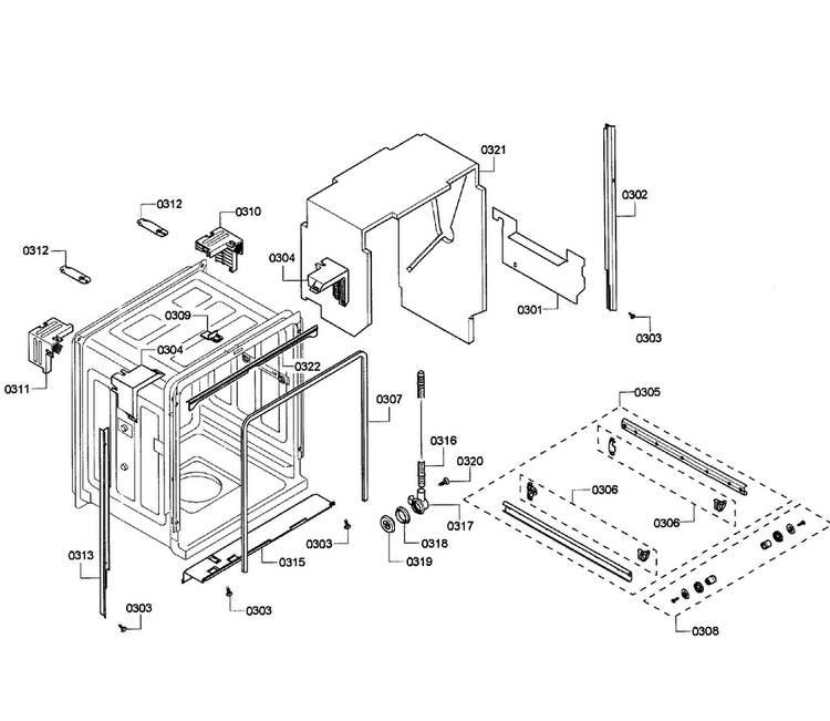 Cabinet Diagram and Parts List for SHE43F12UC 64 Bosch Dishwasher