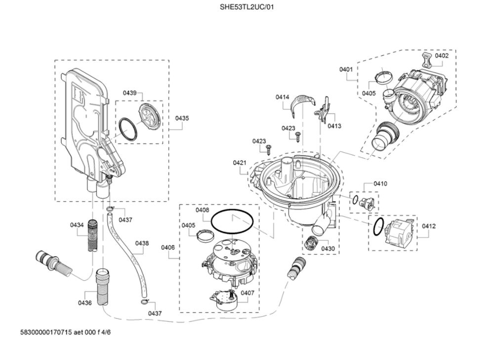 Water Inlet System/Heat Pump/Sump Diagram and Parts List for SHE53TL2UC 01 Bosch Dishwasher