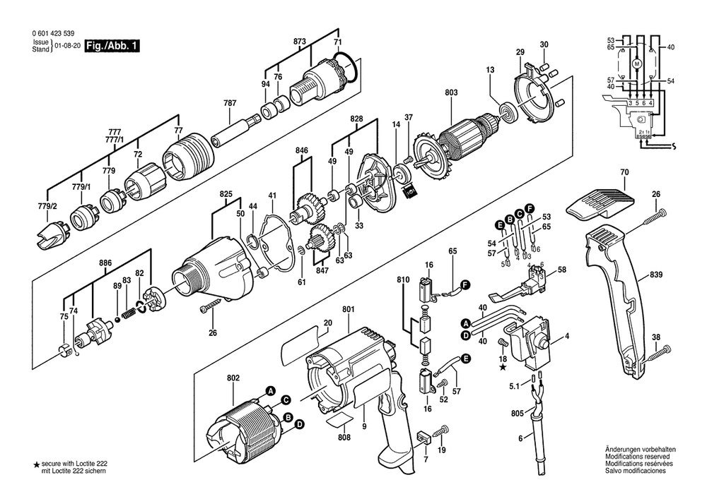 Section 1 Diagram and Parts List for 1423VSR 0601423545 Bosch Screwdriver