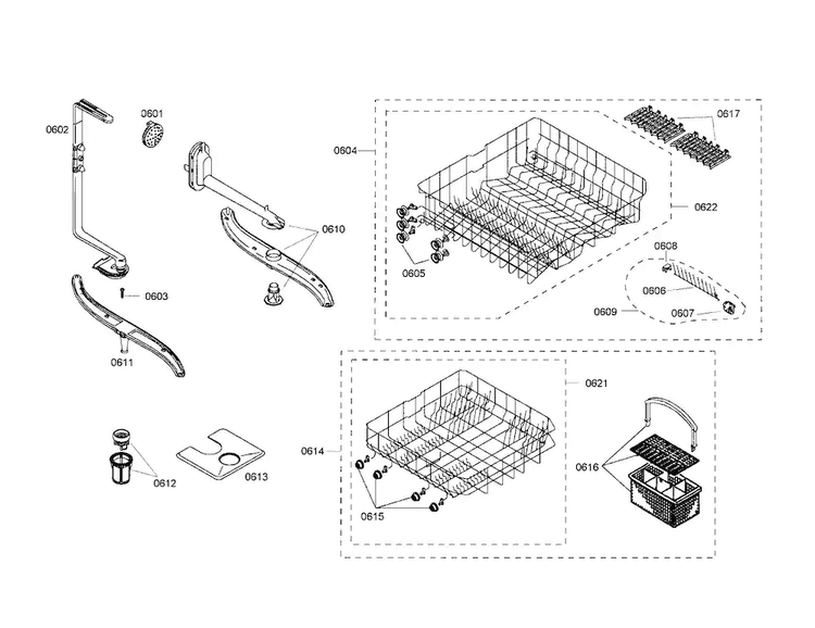 Racks/spray Arm Diagram and Parts List for SHX43M02UC 48 Bosch Dishwasher