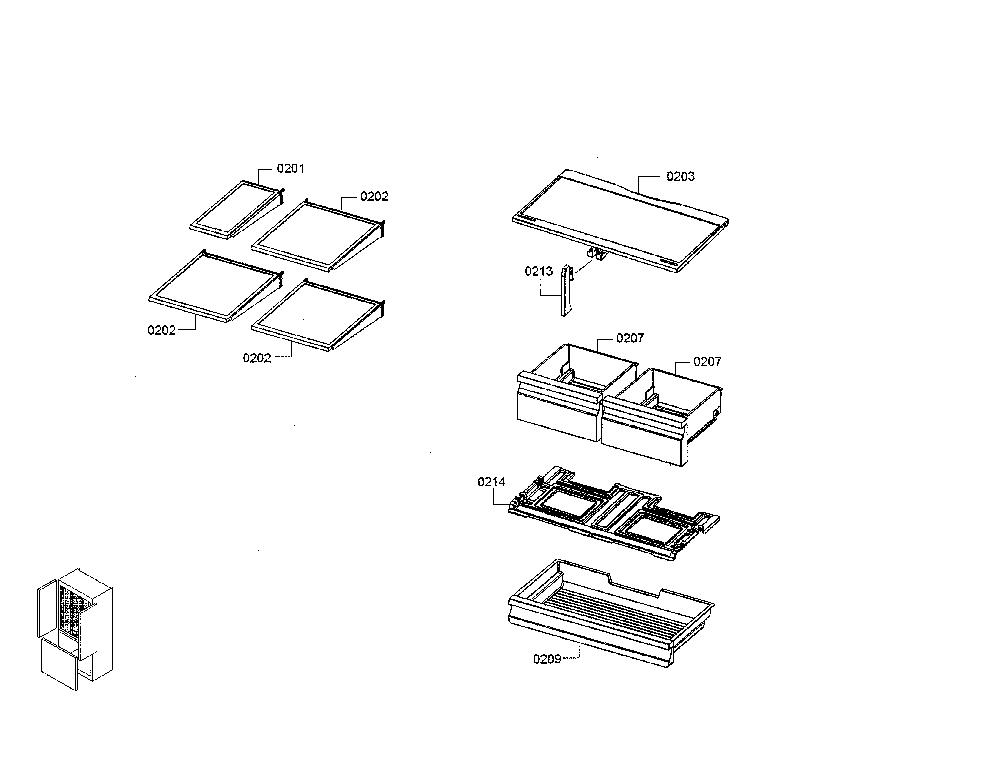 Shelves Diagram and Parts List for B26FT50SNS 01 Bosch Refrigerator