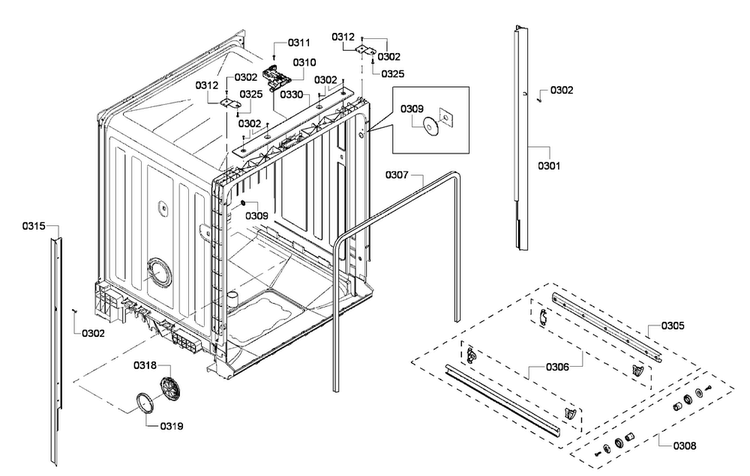 Cabinet Diagram and Parts List for SHE4AM16UC 02 Bosch Dishwasher