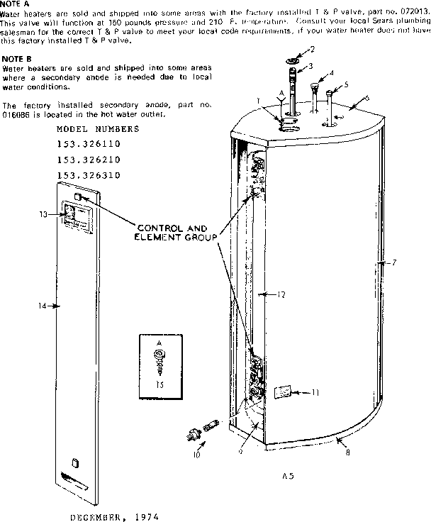 Non-functional Replacement Parts Diagram and Parts List for 153326310  Kenmore Water Heater