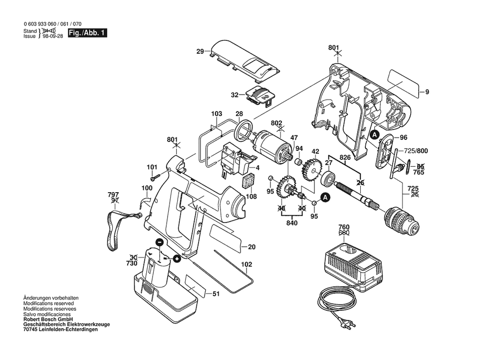Section 1 Diagram and Parts List for 0603933070  Bosch Drill