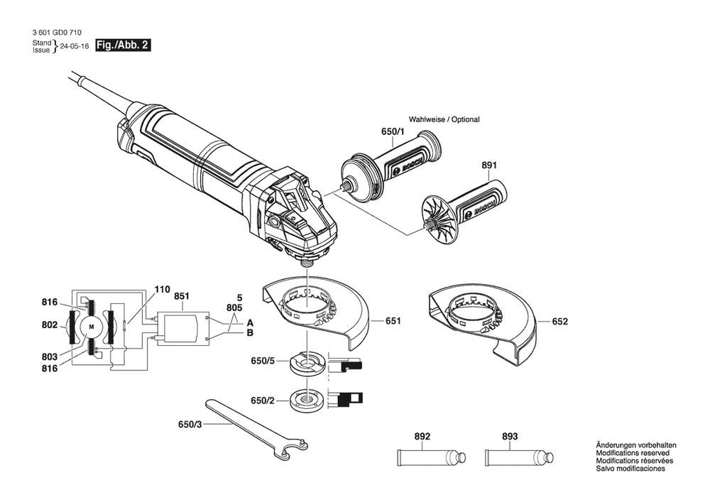 Section 2 Diagram and Parts List for 3601GD0710  Bosch Angle Grinder