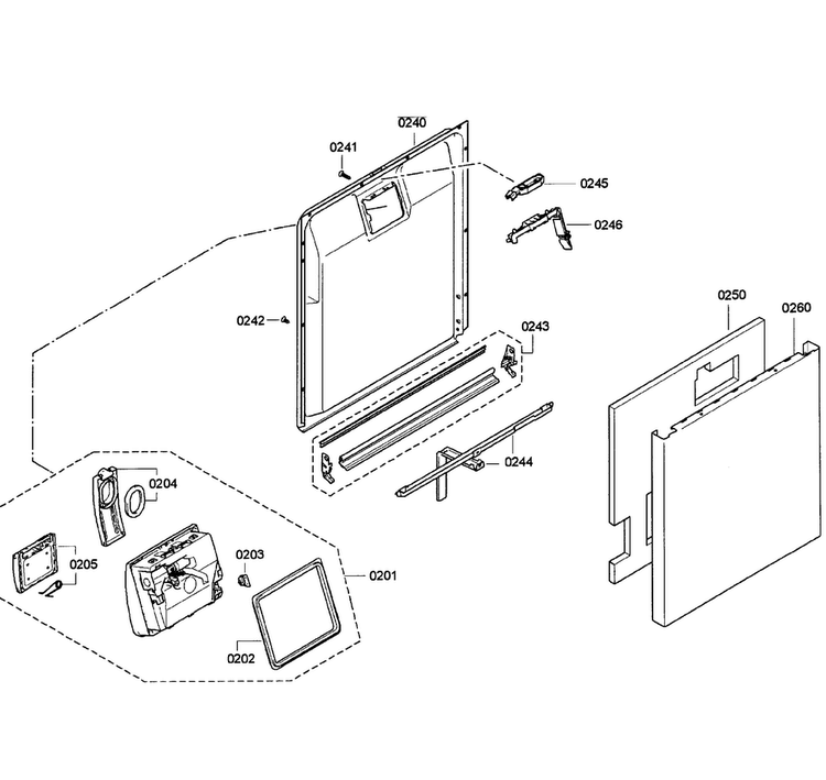 Door Assy Diagram and Parts List for SGE63E06UC 52 Bosch Dishwasher
