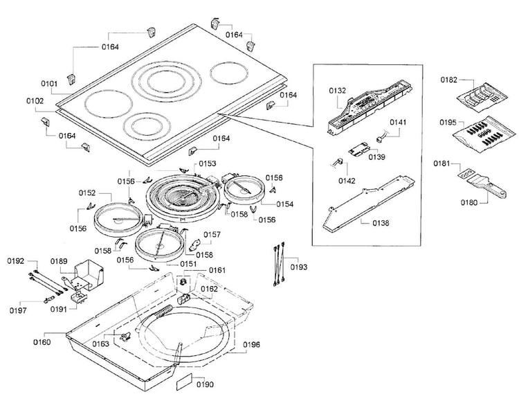 Cooktop Assy Diagram and Parts List for NET8054UC 02 Bosch Cooktop