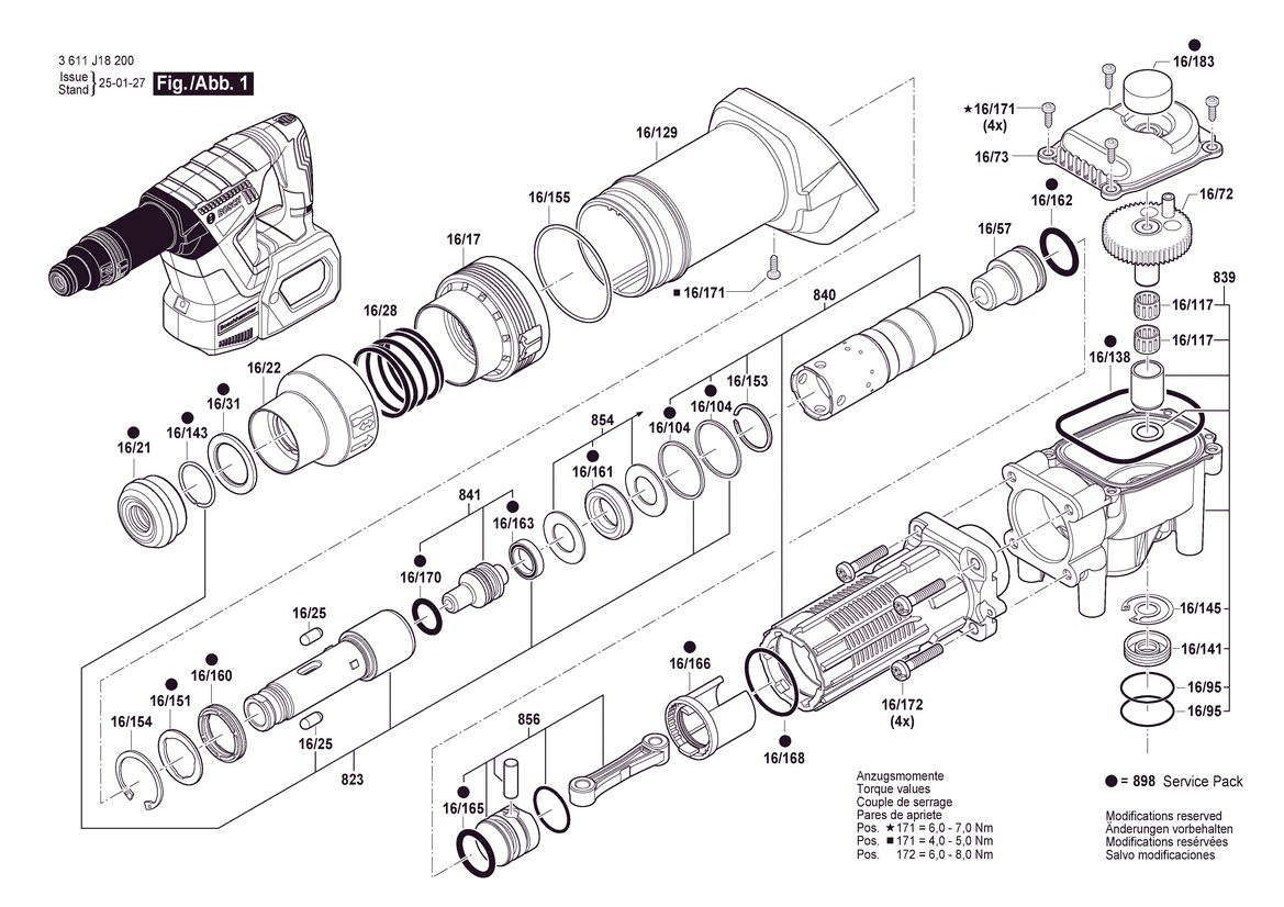 Figure 10 Diagram and Parts List for 3611J182E0 GSH 18V-5 Bare Bosch Demolition Hammer