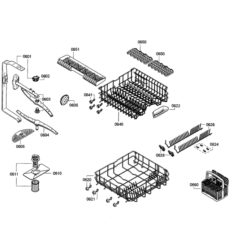 Baskets Diagram and Parts List for SGE63E15UC 55 Bosch Dishwasher