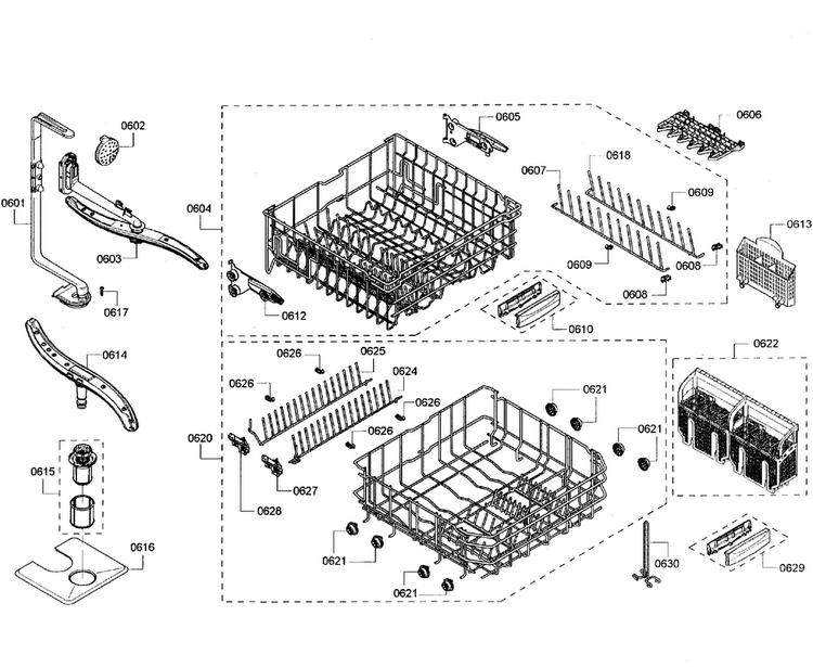 Baskets Diagram and Parts List for SHX68R55UC 63 Bosch Dishwasher