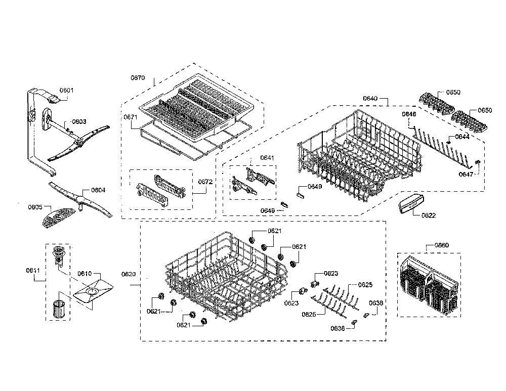 Spray arm/dishracks Diagram and Parts List for SHS863WD2N 01 Bosch Dishwasher