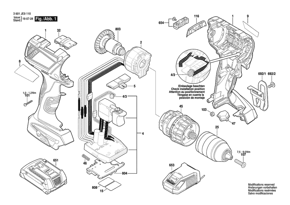 Section 1 Diagram and Parts List for GSB18V-EC 3601JE9110 Bosch Hammer Drill