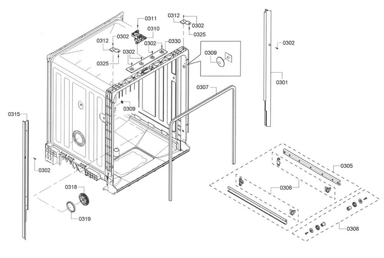 Frame Diagram and Parts List for SHE4AP06UC 05 Bosch Dishwasher