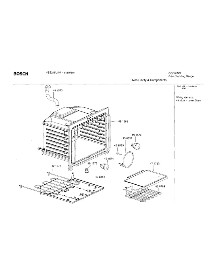 Oven Cavity And Components Diagram and Parts List for HES245U 01 Bosch Range