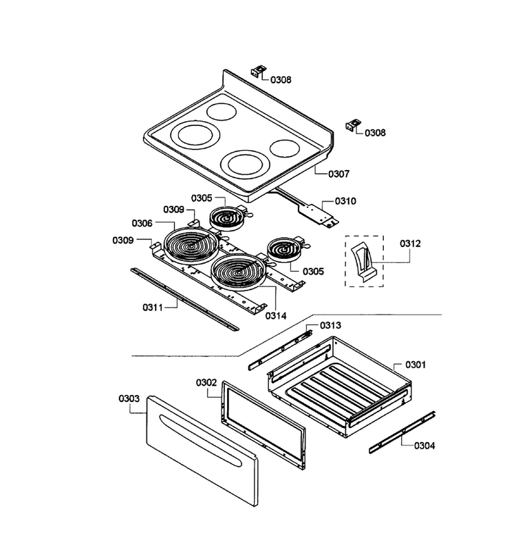 Drawer/top Assy Diagram and Parts List for HES3063U 06 Bosch Range