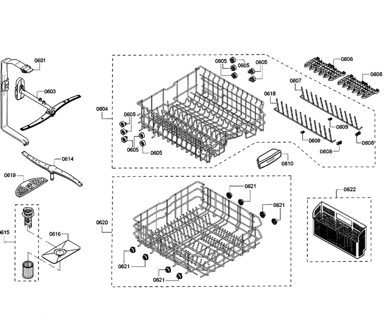 Baskets Diagram and Parts List for SHV53T53UC 01 Bosch Dishwasher