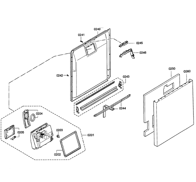 Door Assy Diagram and Parts List for SGE63E06UC 48 Bosch Dishwasher