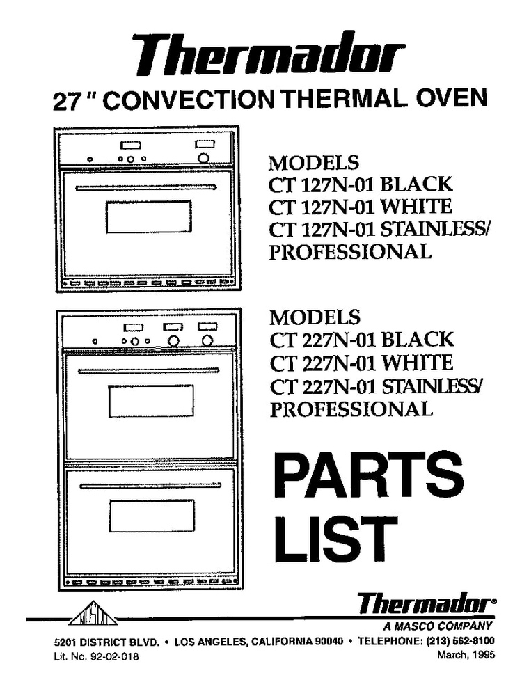 Cover Page Diagram and Parts List for CT227N-01  Thermador Wall Oven