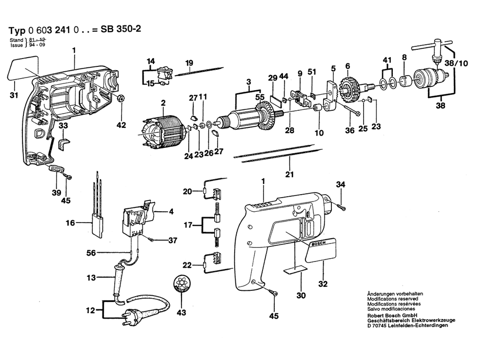 Section 1 Diagram and Parts List for PSB350-2 0603241003 Bosch Hammer Drill