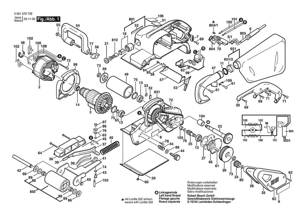 Section 1 Diagram and Parts List for GBS100AE 0601276739 Bosch Belt or Drum Sander