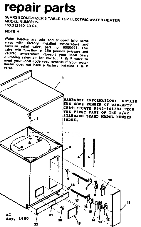 5 Tabel Top Water Heater Diagram and Parts List for 153312740  Kenmore Water Heater