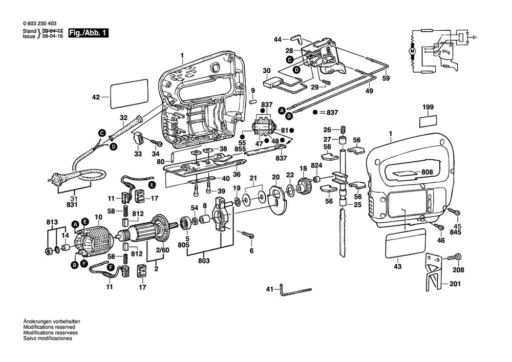 Section 1 Diagram and Parts List for 0603230432  Bosch Jig Saw
