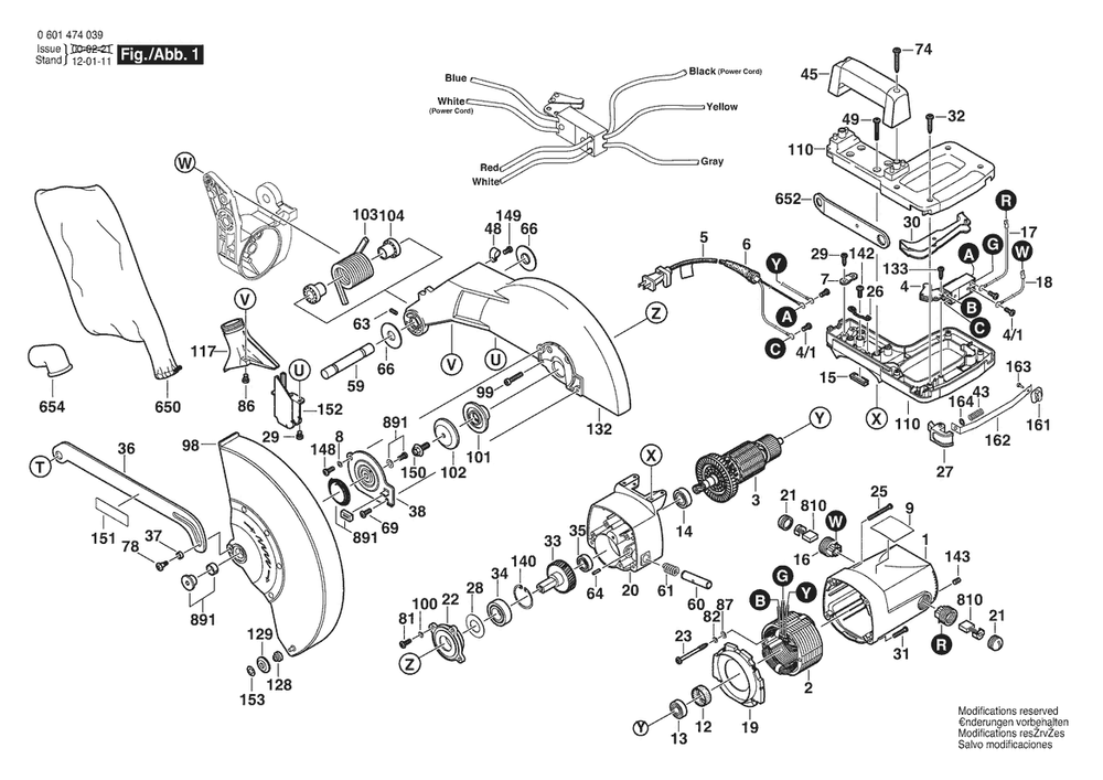 Section 1 Diagram and Parts List for GCM12 0601474039 Bosch Saw