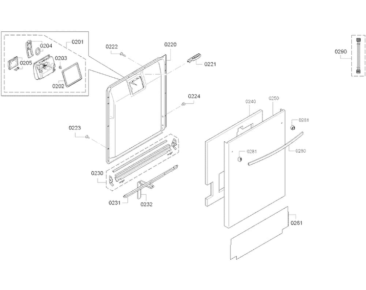 Door Diagram and Parts List for SGX68U55UC B3 Bosch Dishwasher