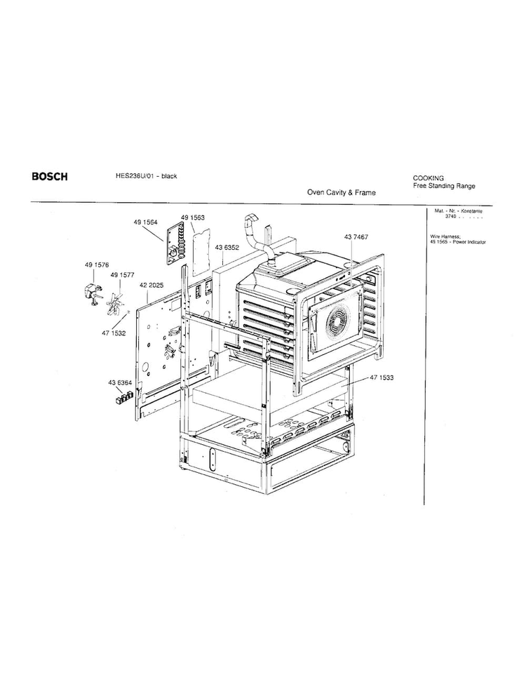 Oven Cavity And Frame Diagram and Parts List for HES236U 01 Bosch Range