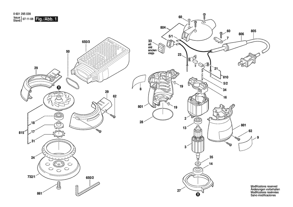 Section 1 Diagram and Parts List for GEX12A 0601295039 Bosch Orbital or Palm Sander