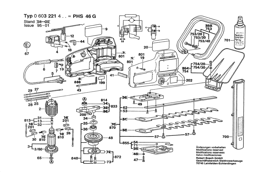 Section 1 Diagram and Parts List for PHS46G 0603221450 Bosch Hedge Trimmer