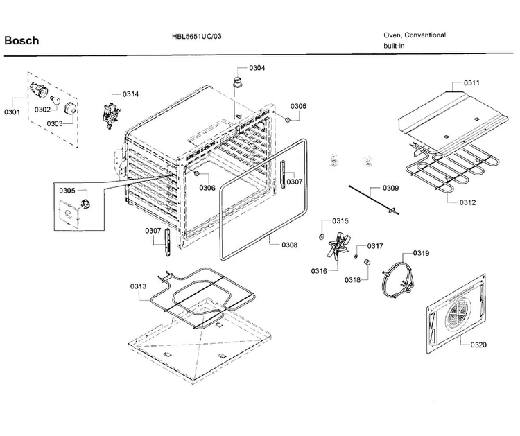 Cavity Diagram and Parts List for HBL5651UC 03 Bosch Wall Oven
