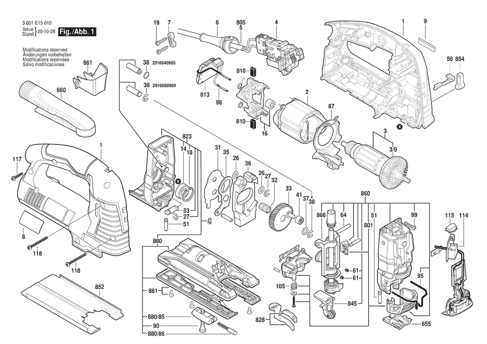 Section 1 Diagram and Parts List for JS572EL 3601E15010 Bosch Jig Saw