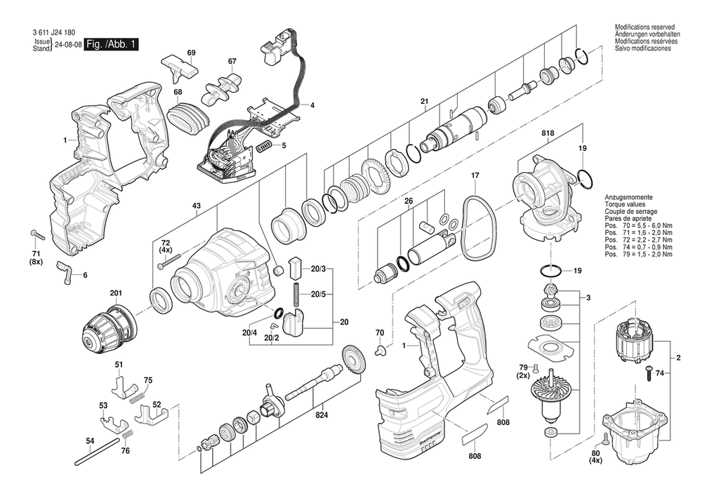 Section 1 Diagram and Parts List for 3611J24150  Bosch Hammer Drill