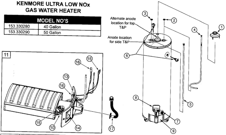 Heater Assy Diagram and Parts List for 153330280  Kenmore Water Heater