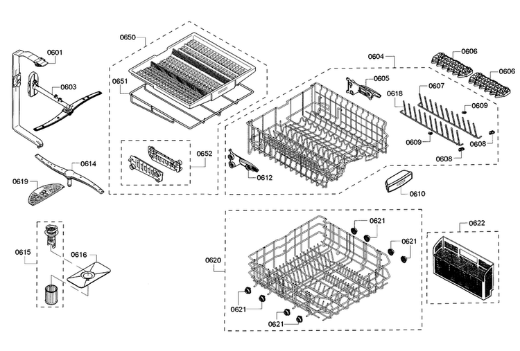 Rack Diagram and Parts List for SHX65T55UC 07 Bosch Dishwasher