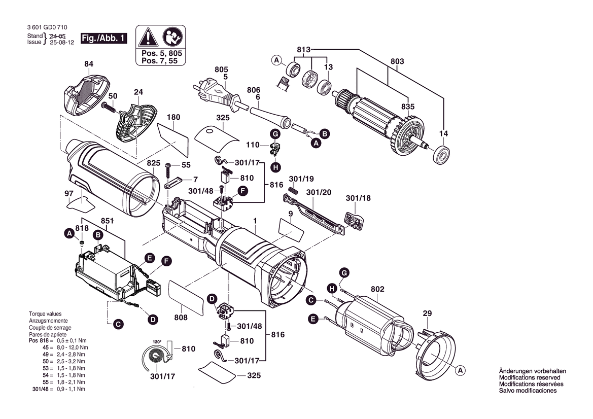 Figure 1 Diagram and Parts List for 3601GD0710 GWS14-50B Bosch Angle Grinder