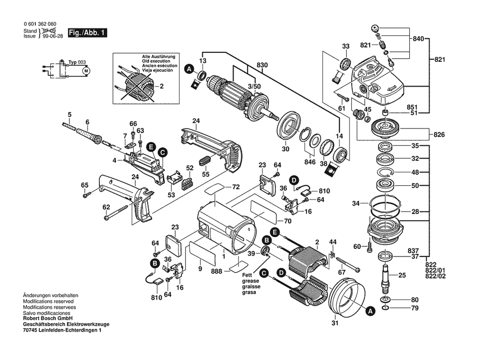 Section 1 Diagram and Parts List for GWS23-230 0601362060 Bosch Angle Grinder