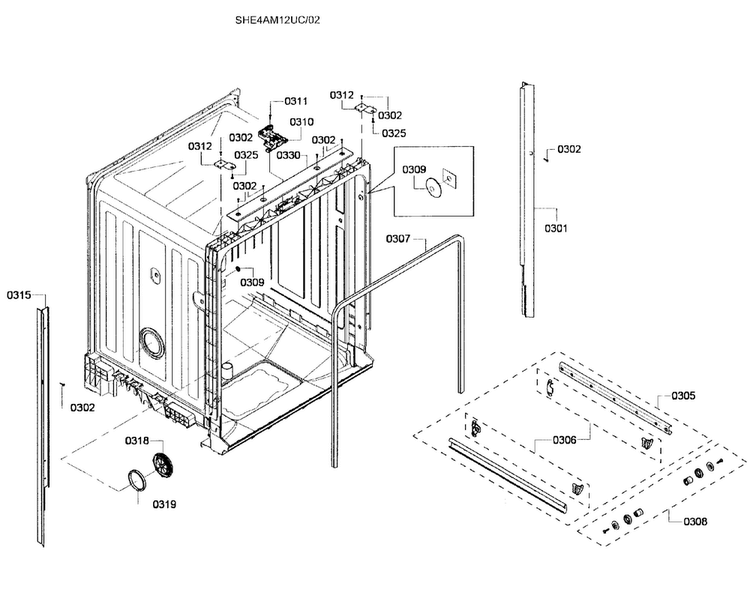 Cabinet Diagram and Parts List for SHE4AM12UC 02 Bosch Dishwasher