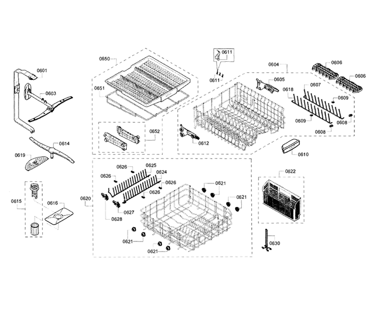 Rack Diagram and Parts List for SHE68T56UC 02 Bosch Dishwasher