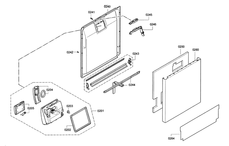 Door Diagram and Parts List for SHE9PT55UC 74 Bosch Dishwasher