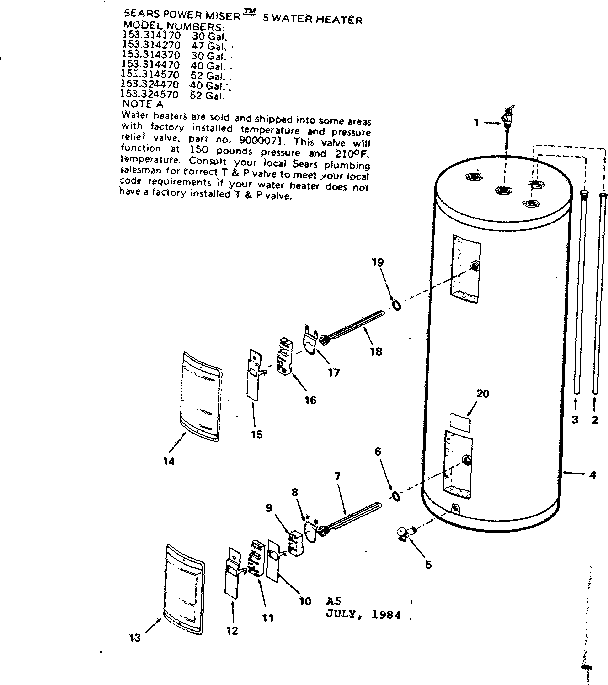Replacement Parts Diagram and Parts List for 153314470  Kenmore Water Heater