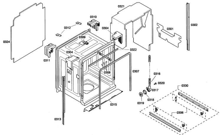 Cabinet Diagram and Parts List for SHE55M12UC 59 Bosch Dishwasher