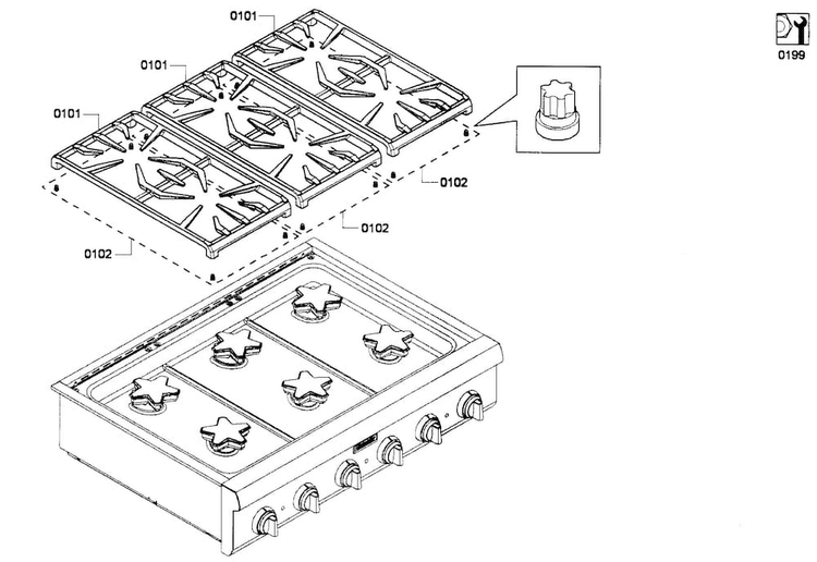 Grates Diagram and Parts List for PCG366G-01  Thermador Cooktop