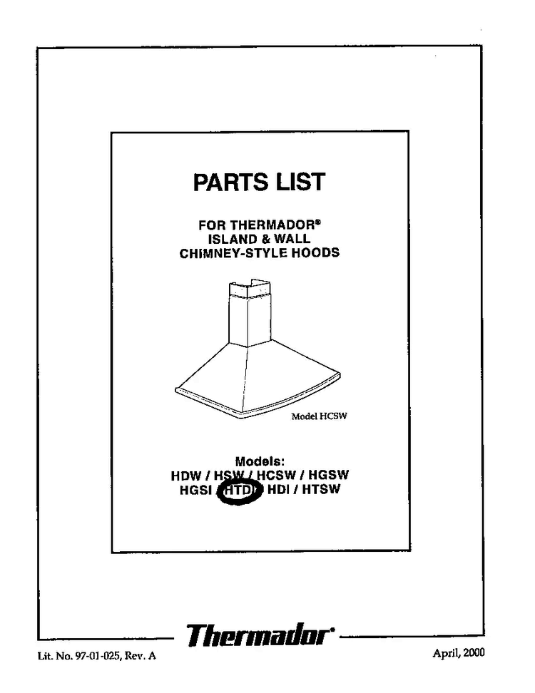 Cover Diagram and Parts List for HTDI  Thermador Range Hood