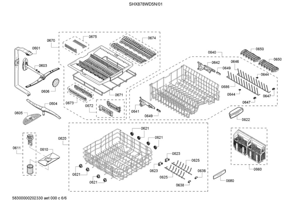 Upper And Lower Spray Arm/Racks Diagram and Parts List for SHX878WD5N 01 Bosch Dishwasher