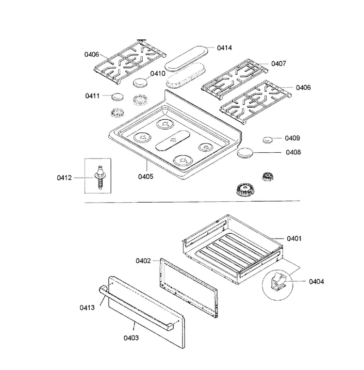 Top Assy/drawer Diagram and Parts List for HGS5053UC 06 Bosch Range