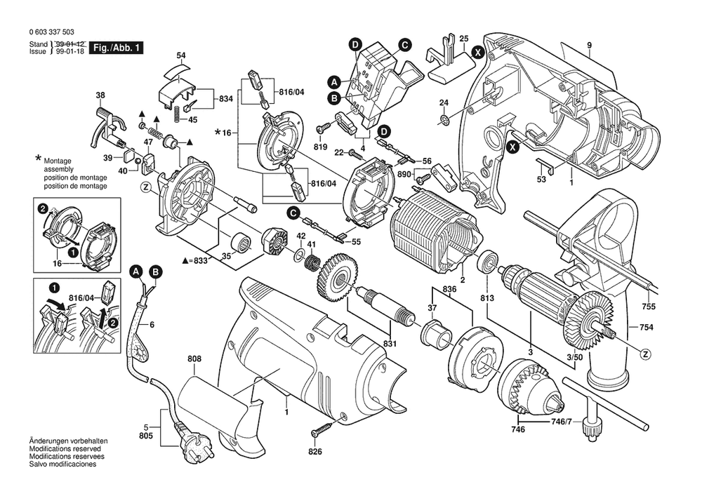 Section 1 Diagram and Parts List for PSB450RE 0603337532 Bosch Hammer Drill