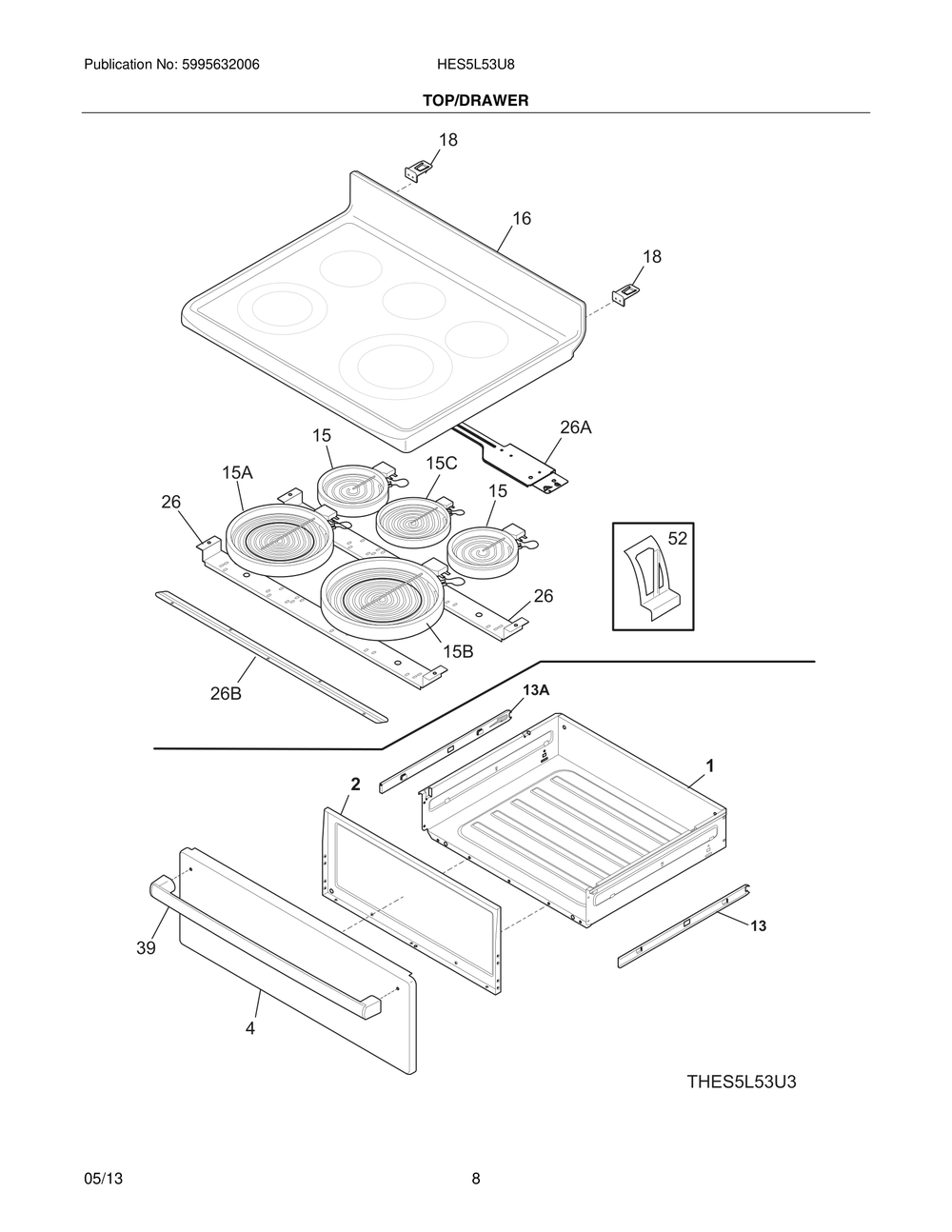 Top/Drawer Diagram and Parts List for HES5L53U8  Bosch Range