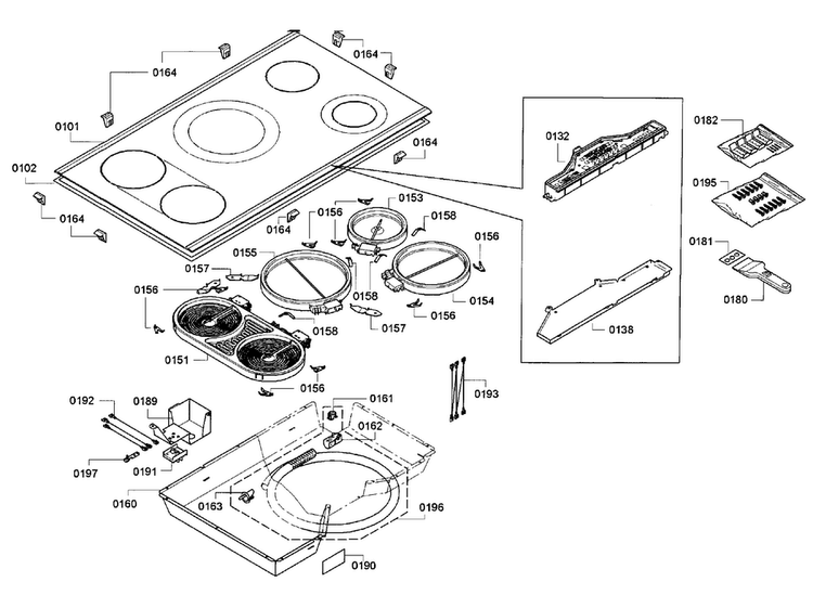Cooktop Assy Diagram and Parts List for NET5654UC 02 Bosch Cooktop